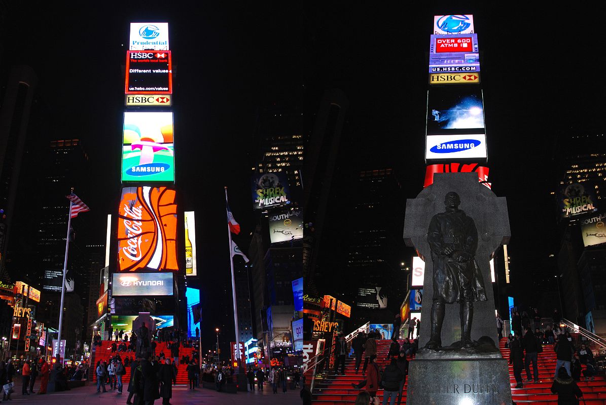 06 New York City Times Square Night - Father Duffy Statue And Square, 2 Times Square And The Red Stairs